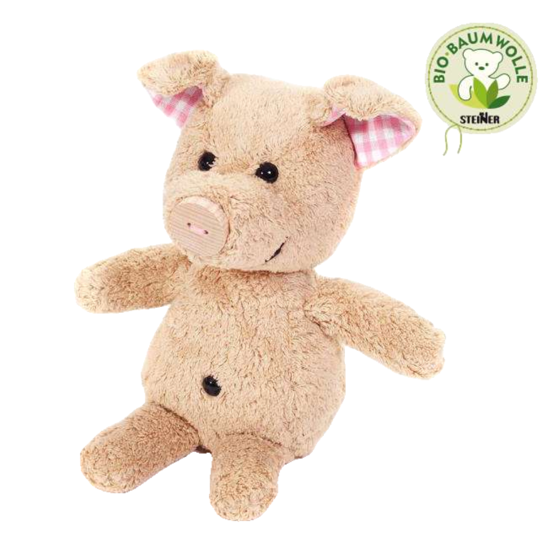 Bio Kuscheltier Schwein Stella sitzend mit Bio-Baumwolle Siegel