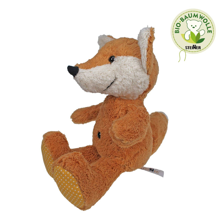 Bio Kuscheltier Fuchs Fabio sitzend mit Bio-Baumwolle Siegel