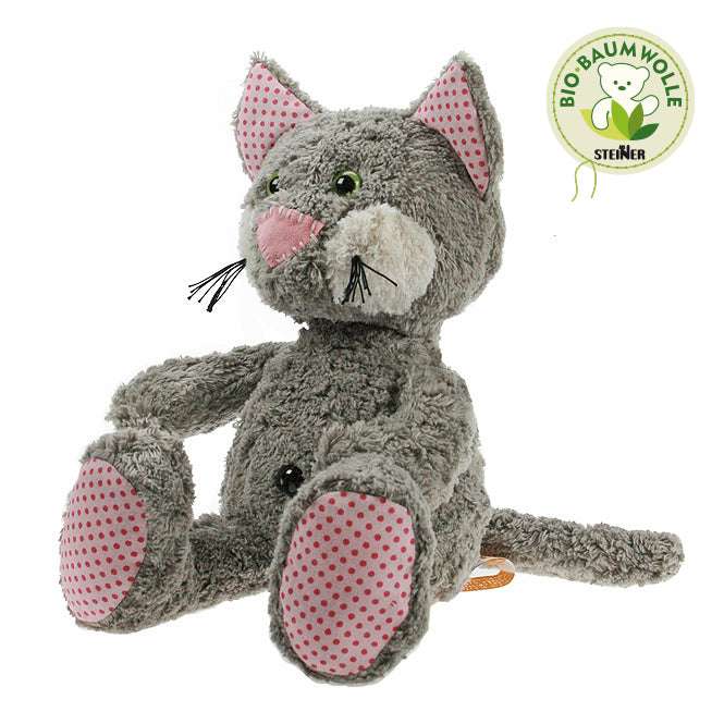 Bio Kuscheltier Katze Charly sitzend mit Bio-Baumwolle Siegel