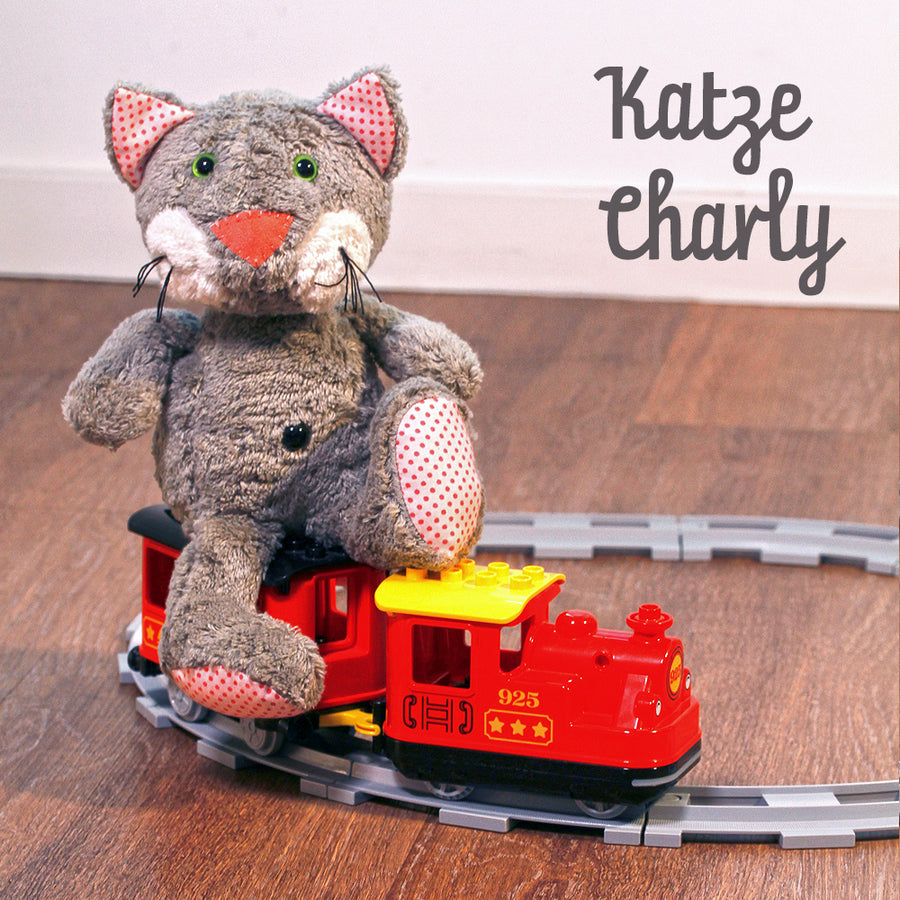 Bio Kuscheltier Katze Charly auf einem Zug