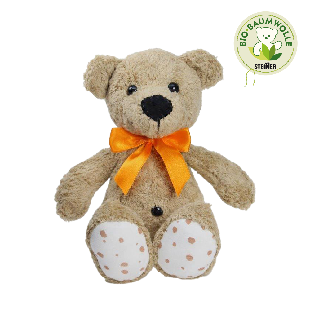 Steiner Bio Teddybär Bruno in braun mit schwarzen Augen & orangem Halsband
