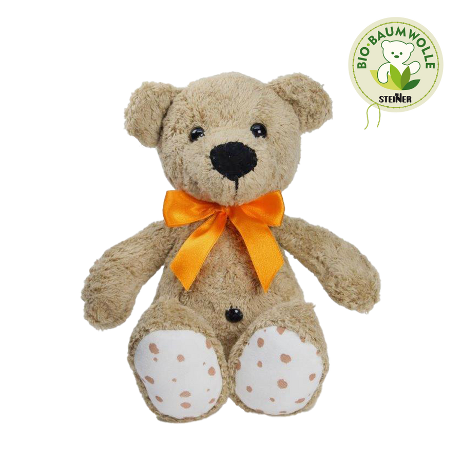 Steiner Bio Teddybär Bruno in braun mit schwarzen Augen & orangem Halsband