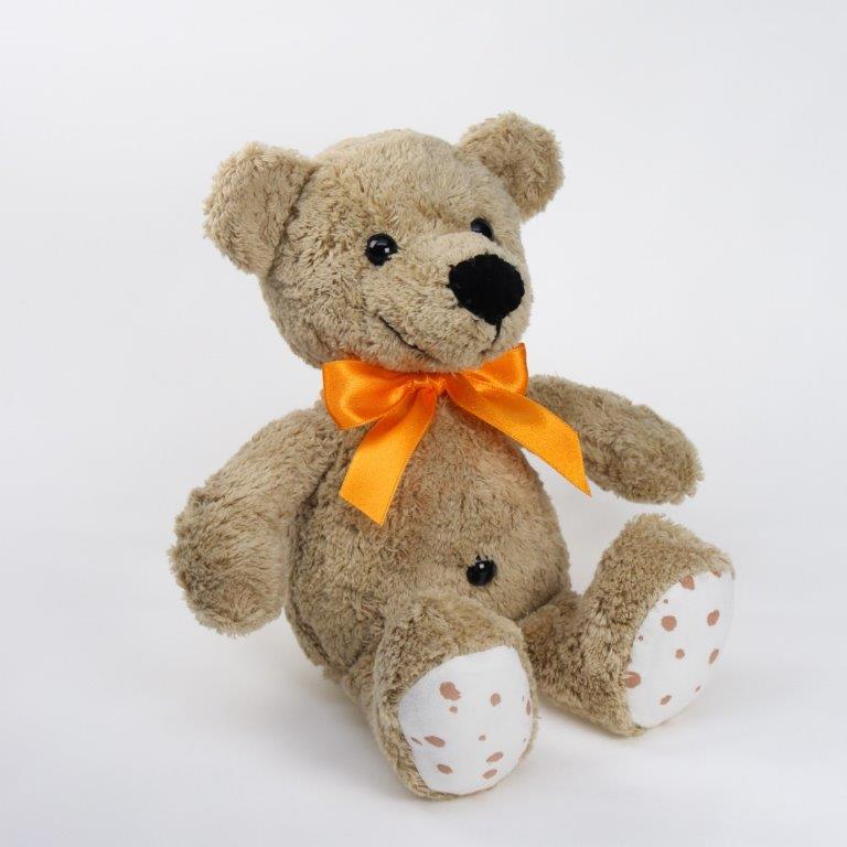 Steiner Bio Teddybär Bruno in braun mit schwarzen Augen & orangem Halsband sitzend