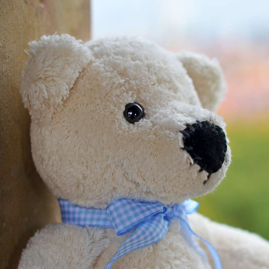 Bio Teddy Bommel von Steiner Kuscheltiere mit schwarzen Knopfaugen
