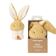 Kuscheliges Bio-Schnuffeltuch Hase Alma von Wooly Organic in Beige mit langen Ohren und weicher Baumwolle in Geschenkverpackung